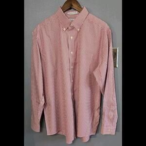 LL Bean Mens Red Striped Short Sleeve Button Down Shirt Wrinkle Resistant Large